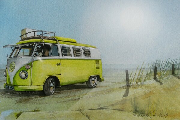 A green Volkswagen minibus on a deserted beach