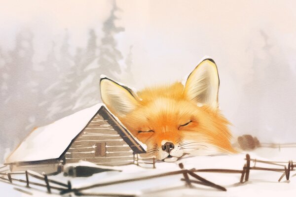 A fox walks near a winter house in the mountains
