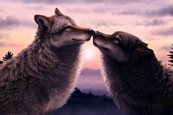 Лес волк и волчица на закате