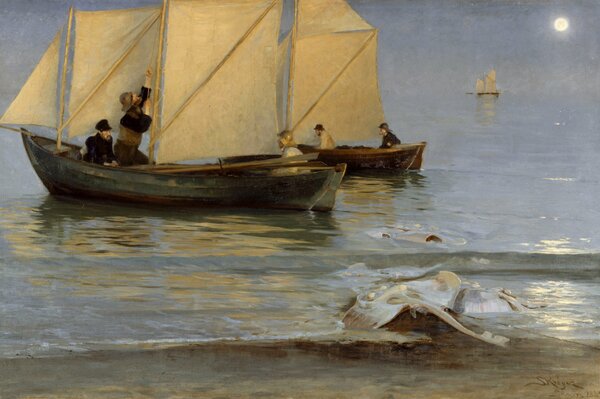 Painting of a boat with a sail on the seashore