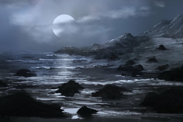 Full moon over the river and rocks