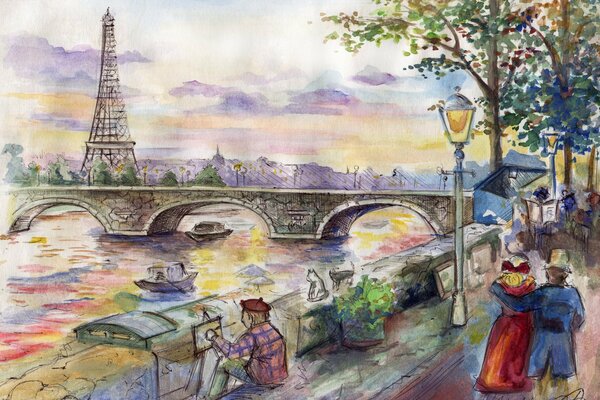 Dessin pittoresque du pont de Paris