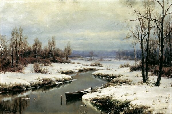 Die malerische Landschaft des Flusses, das Boot am Pier, das vergilbte Gras ist mit Schnee bedeckt