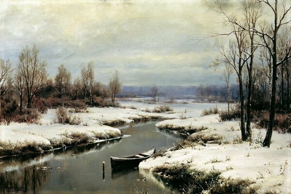 Paysage pittoresque de la rivière, bateau à quai, herbe jaunie de neige