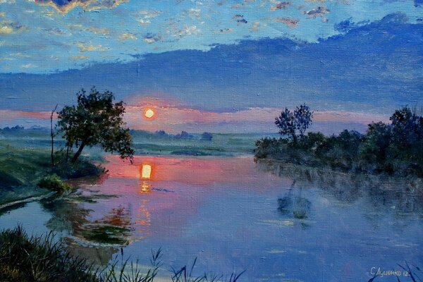 Lutsenko s painting landscape at sunset