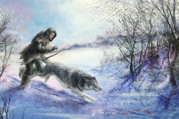 Deux chasseurs dans la forêt d hiver