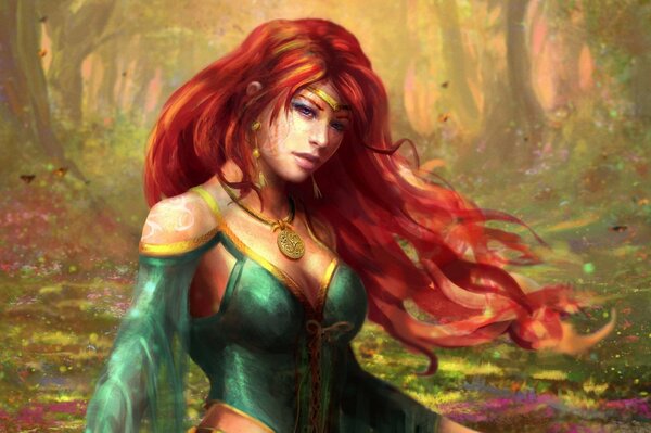 Red-haired girl by the river in the forest