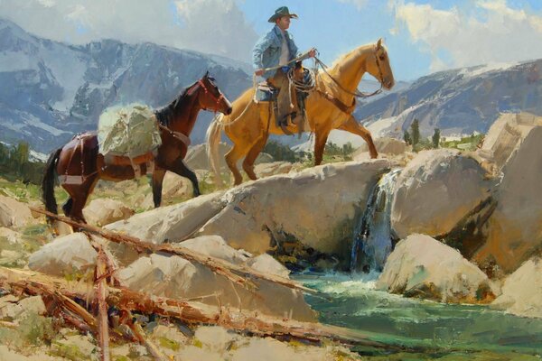 Un cowboy cavalca un cavallo oltre il fiume e le montagne lo aspettano
