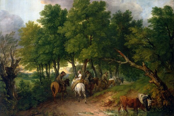 Les gens, les chevaux et les vaches sur la route entre les arbres