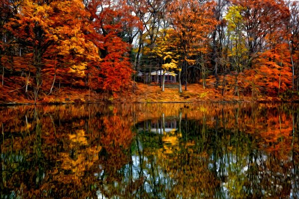 Casa de la naturaleza junto al lago en otoño