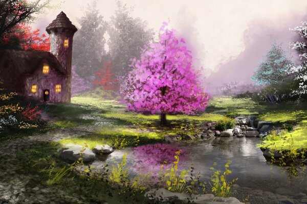 A house and a flowering tree by the river