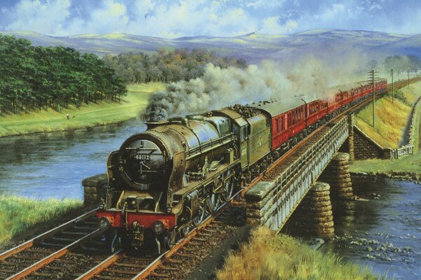 Рисунок поезда который едет через реку