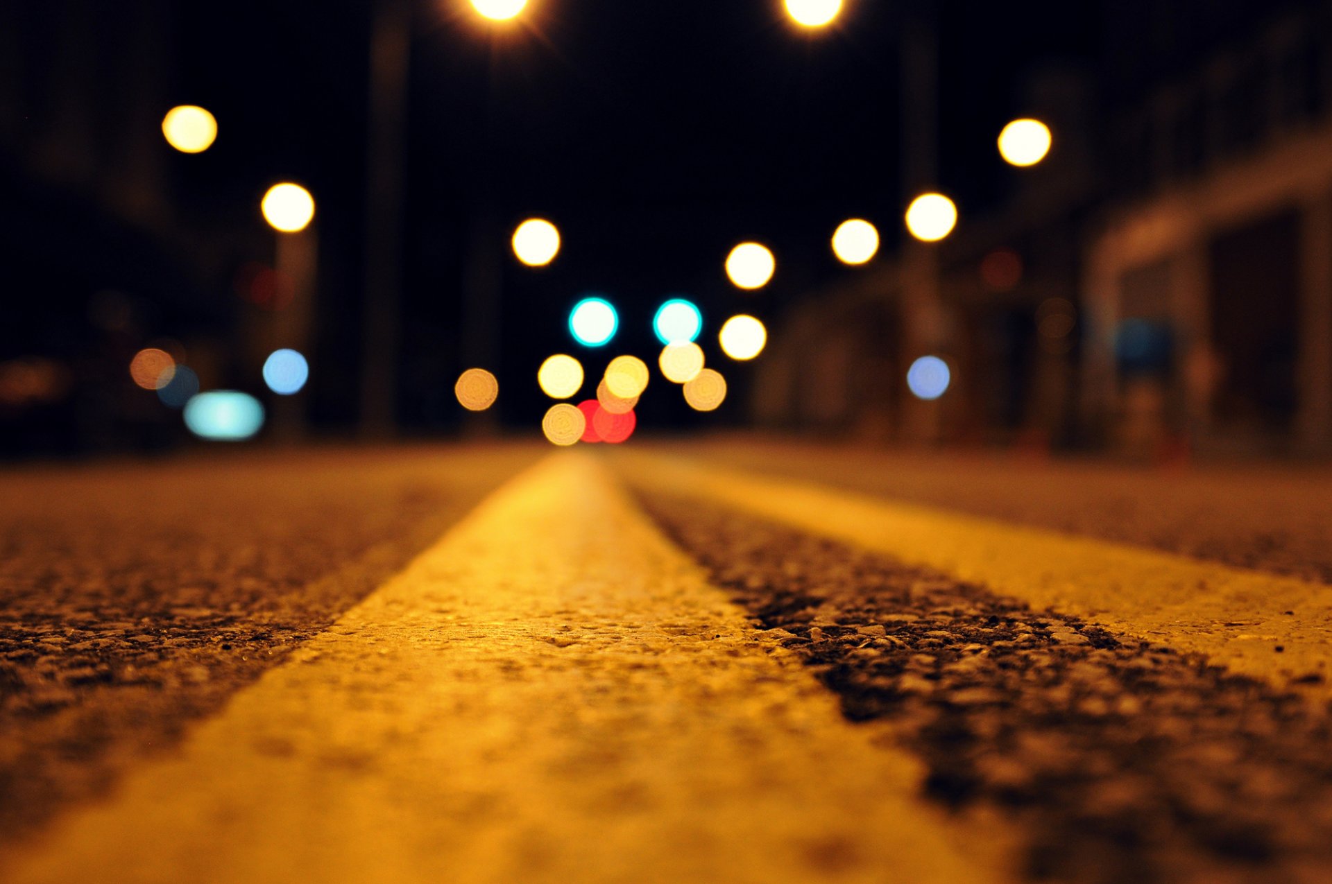 noche carretera asfalto luces bokeh macro