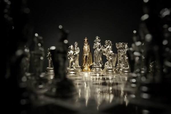 Серебряные шахматы на доске в окружении