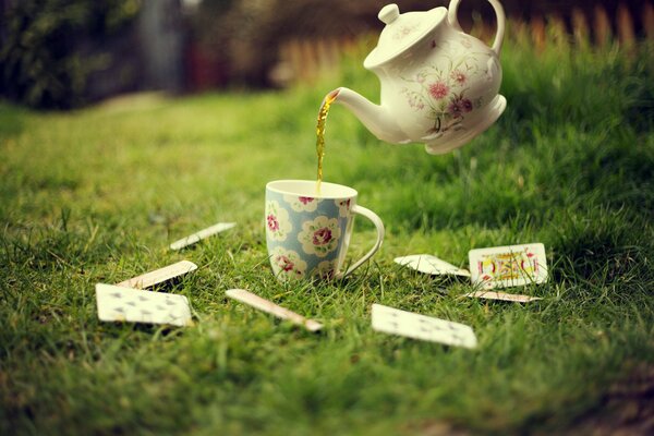 On the green lawn, a tea party with a game of cards