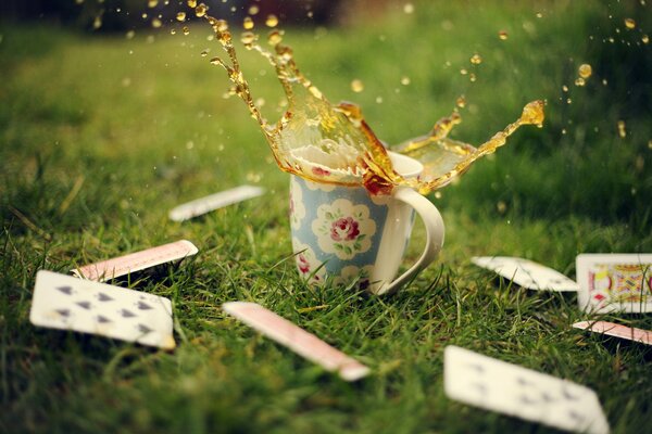 Cards on the grass and spilled tea