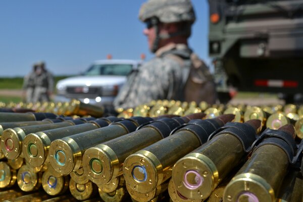 Cartridges for the machine gun close-up