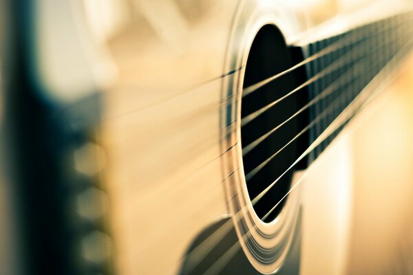 Guitarra, cuerdas en luz brillante