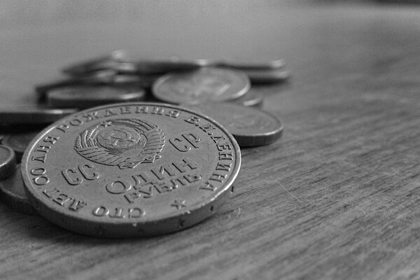 Coins of the USSR. Black and white photo