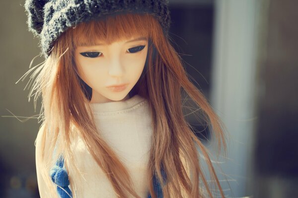 Foto einer Puppe in einer Mütze mit langen Haaren