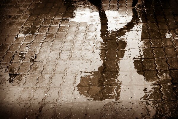 Il y a de l eau sur la route. Réflexion de siluet