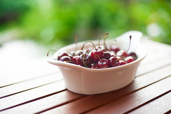 A full bowl of cherries on the bench