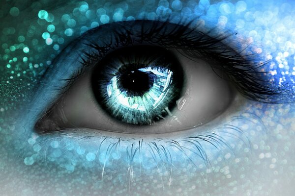 Blue glitter in the girl s eye