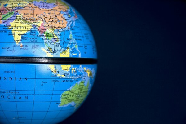 Globe, on a black background. Indian Ocean