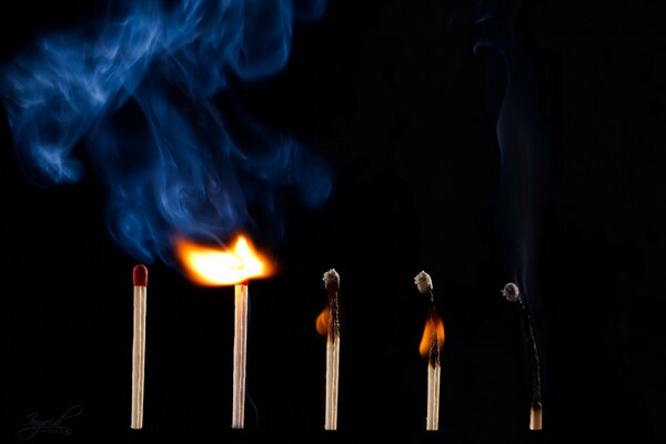 The blue flame of a burning match