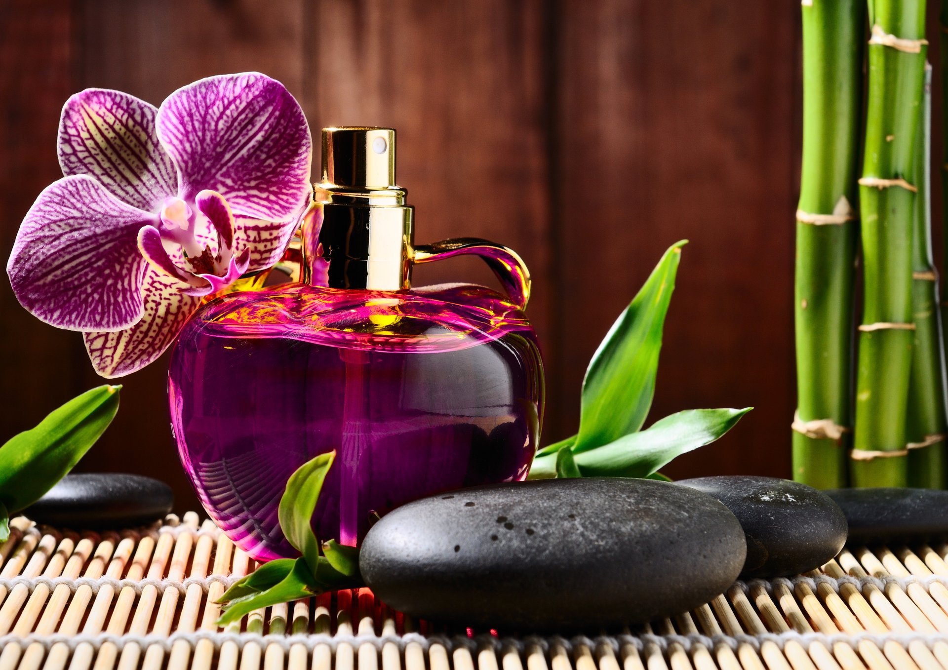 perfume perfume bottle flower orchid stones black basalt massage spa bamboo