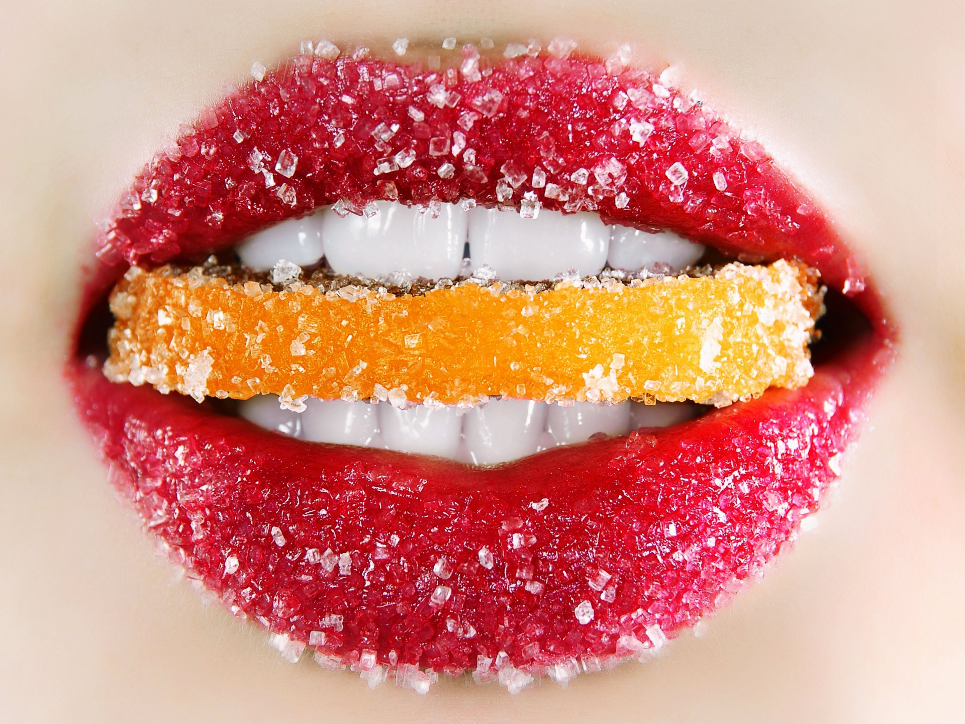 macro photo lips red lipstick pieces of ice close up