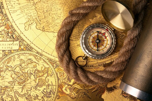 Compass with rope on the map