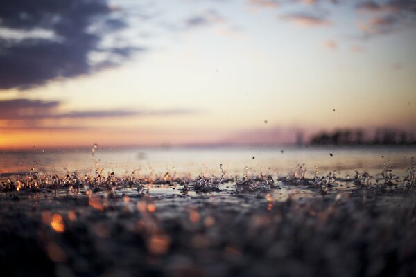 Splashes of summer rain on the asphalt