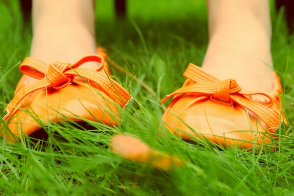 Zapatillas de ballet naranja en hierba verde