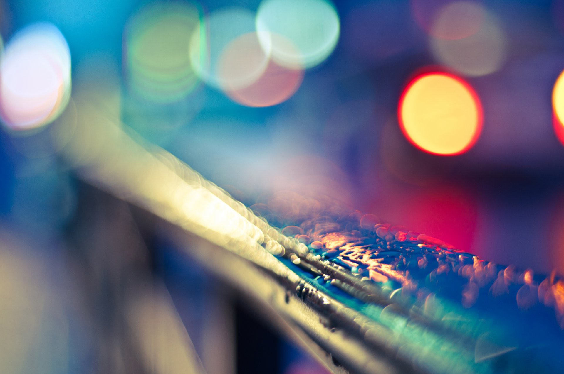 rails water rain drops close up light flowers reflections colored bright lights town