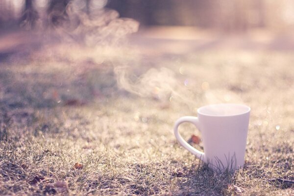 Tasse auf einem Hintergrund von getrocknetem Gras