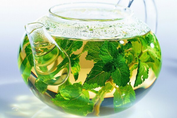 Mint leaf tea in a transparent teapot