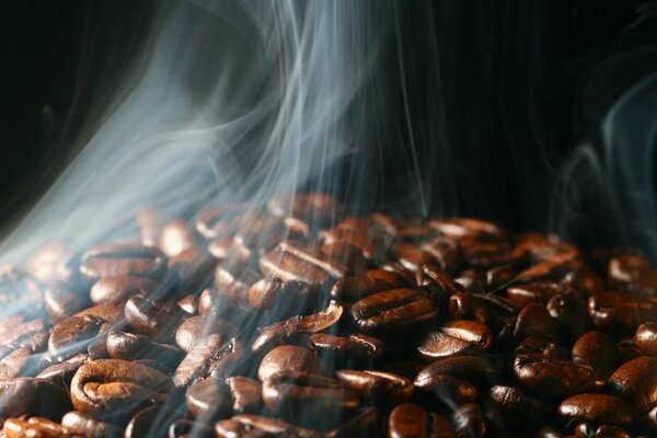 Roasted coffee beans with steam