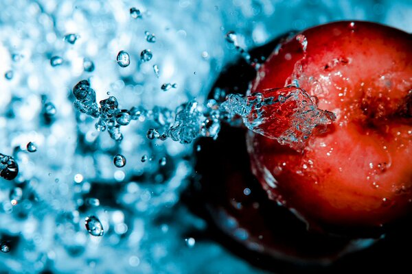 Czerwone jabłko w kroplach wody