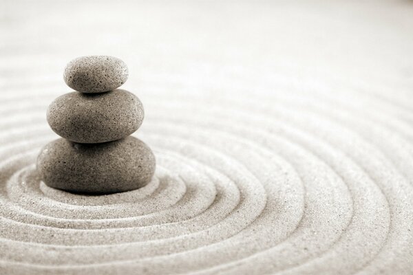 A picture of sand and stones in the Zen style