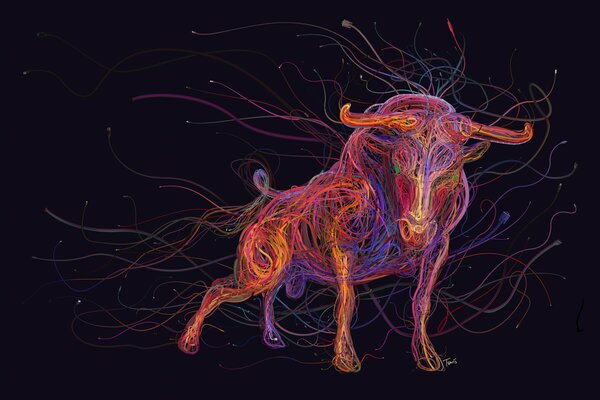 A bull made of multicolored hand-drawn threads