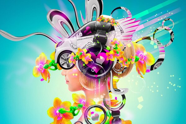 Abstract colorful representation of a blonde girl with a car on her head and headphones