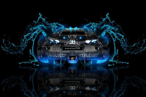Bugatti Veyron noir dans les éclaboussures d eau sur fond noir