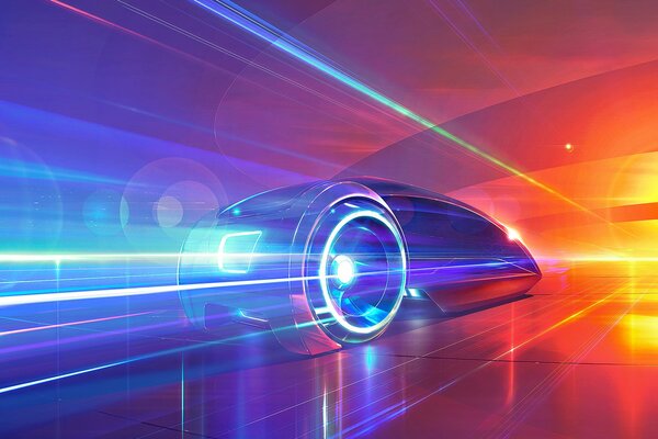 A bright photo of the car of the future. Glare and sun rays in space