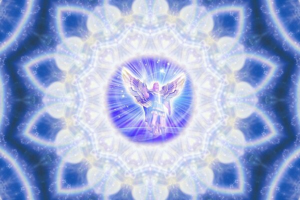 Archangel Michael in a pattern on a blue background