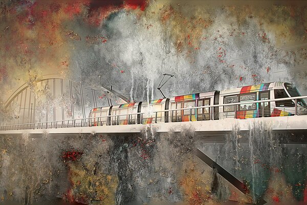 Abstract background of the apocalypse on the bridge with a rainbow train