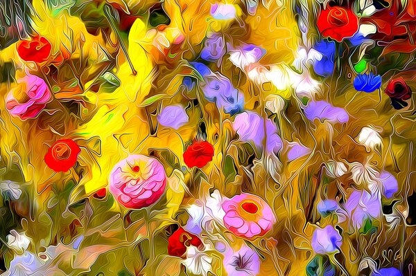 A bright drawing of flowers In a meadow