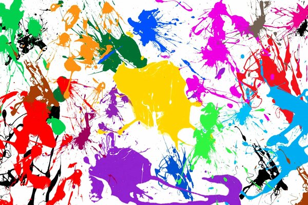 MULTICOLORED BLOTS AND PAINT SPOTS ON A WHITE BACKGROUND