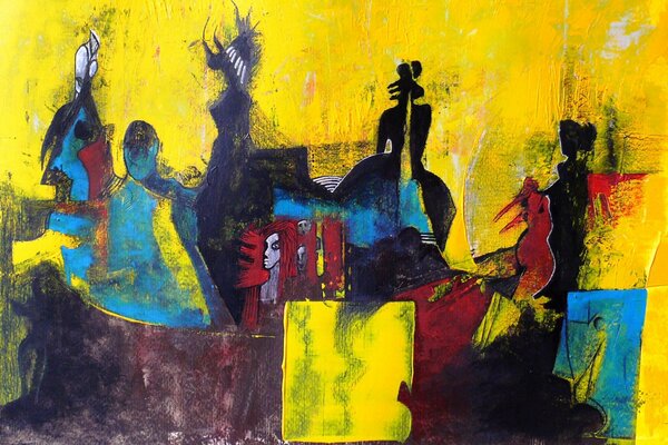 Abstract painting with black silhouettes on a yellow background