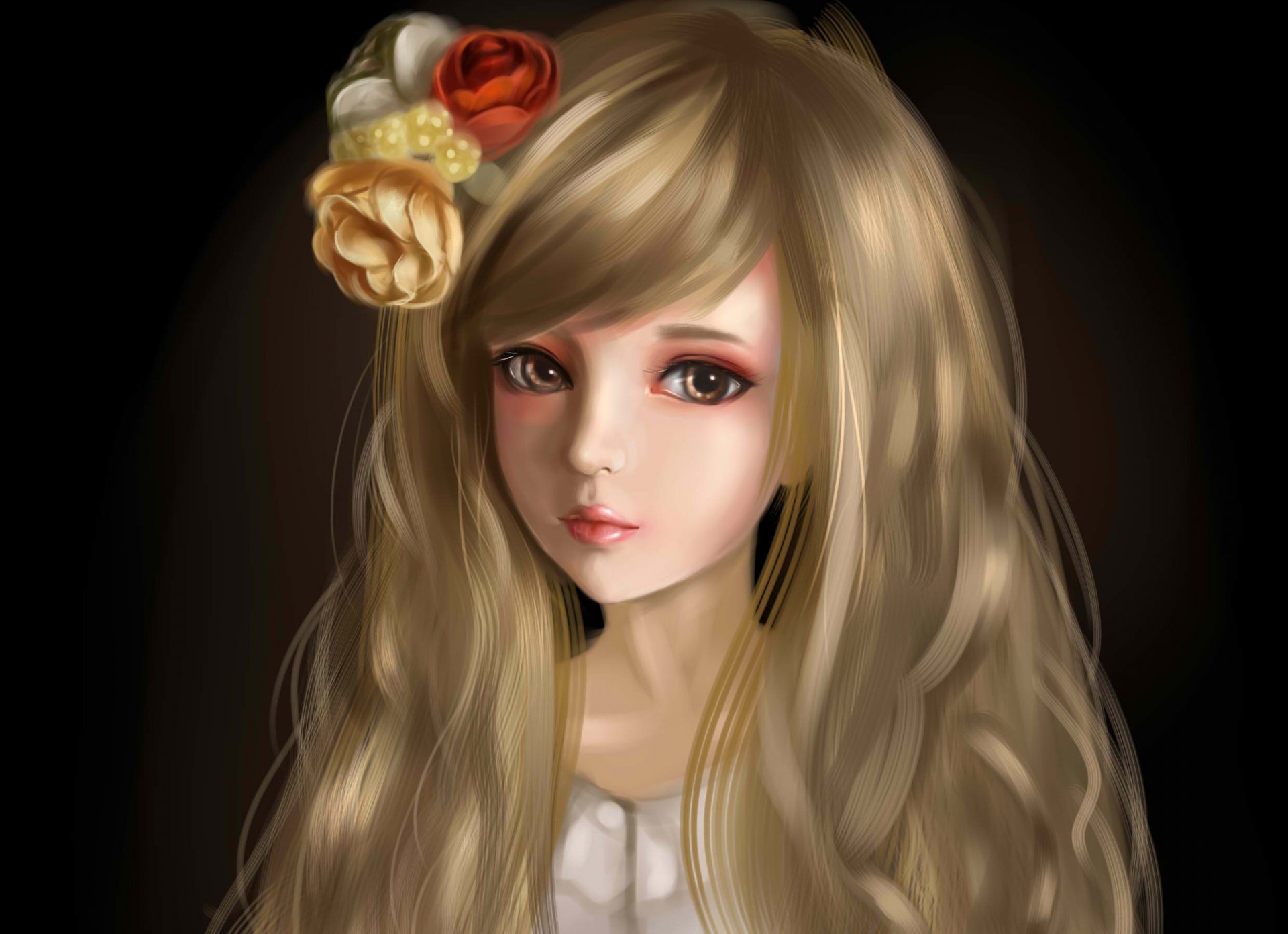 art girl hair flower face dark background